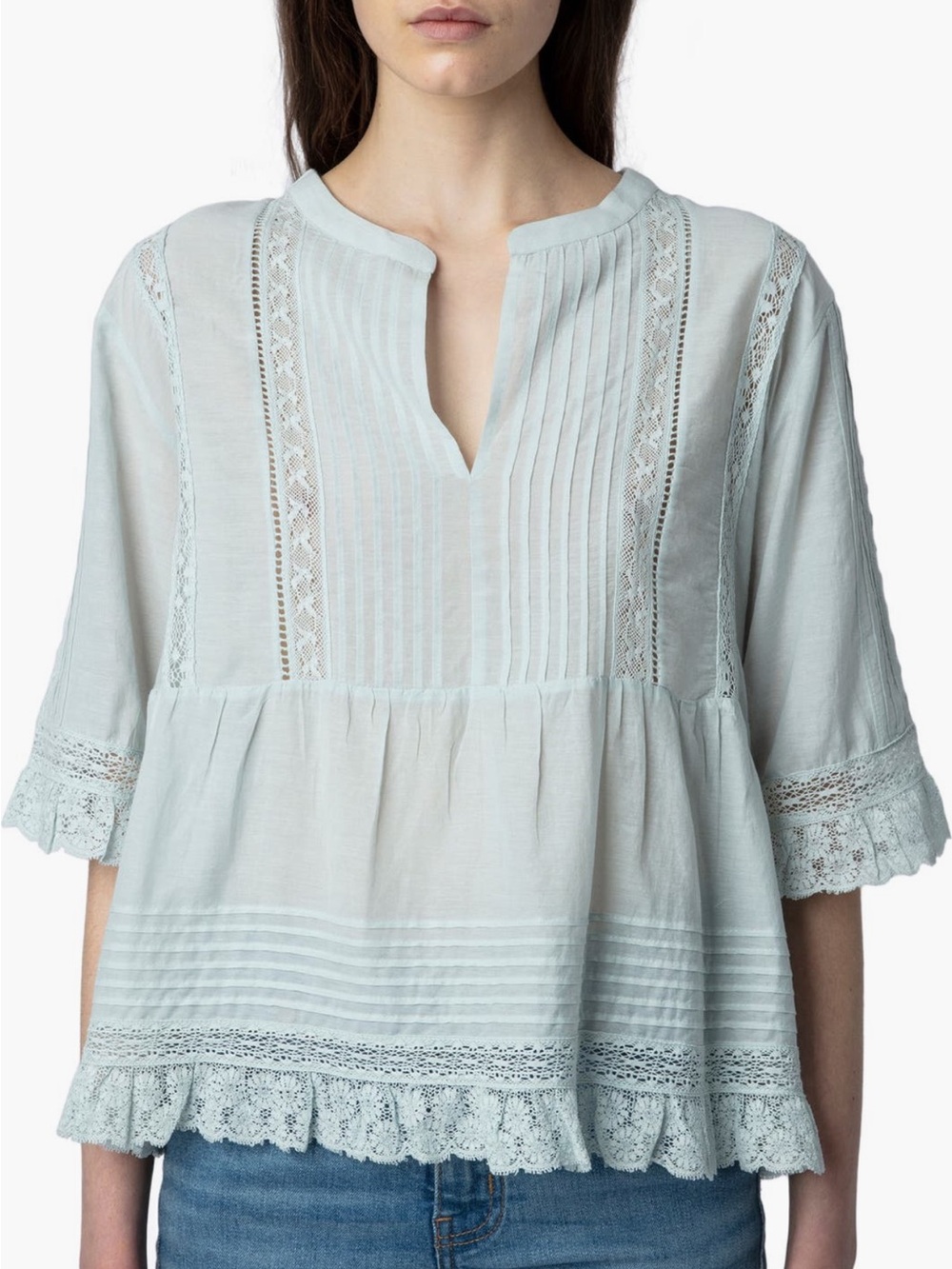 NEW Zadig & Voltaire Tosea Cotton Blend Peplum Blouse in Celadon